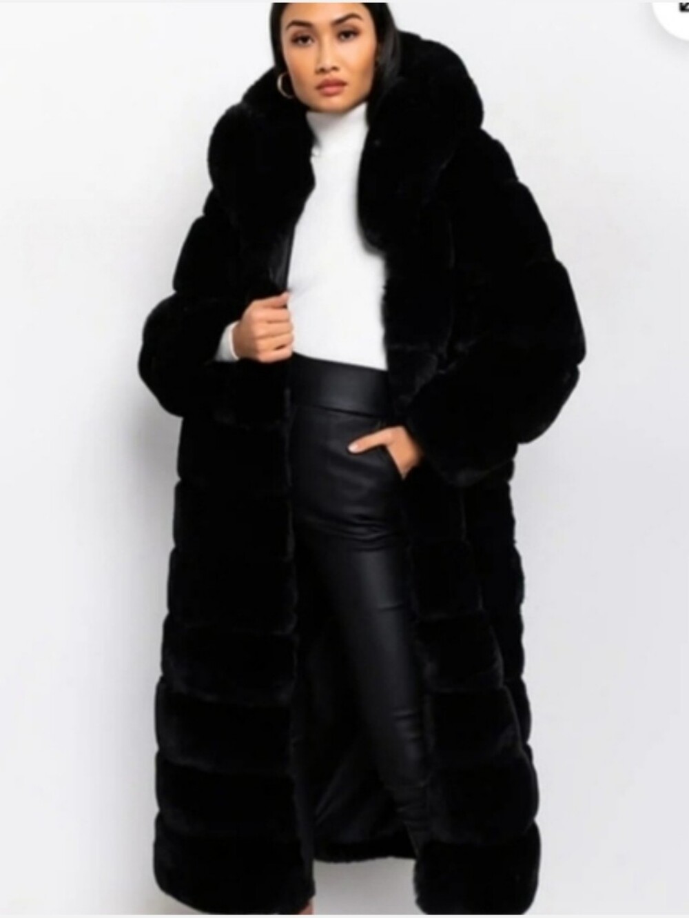 AKIRA Black Faux Fur Trim Hooded Coat